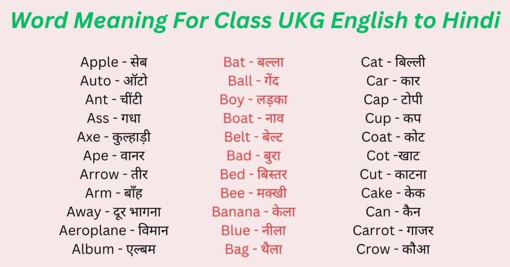 Word Meaning For Class UKG English to Hindi