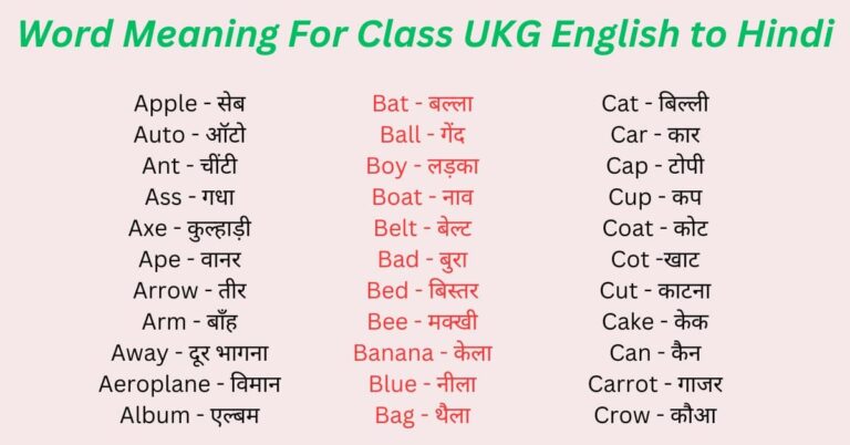 Word Meaning For Class UKG English to Hindi